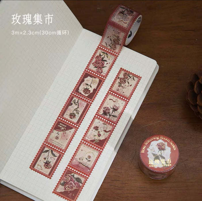 玫瑰放映厅复古烫金邮票胶带 玫瑰集市