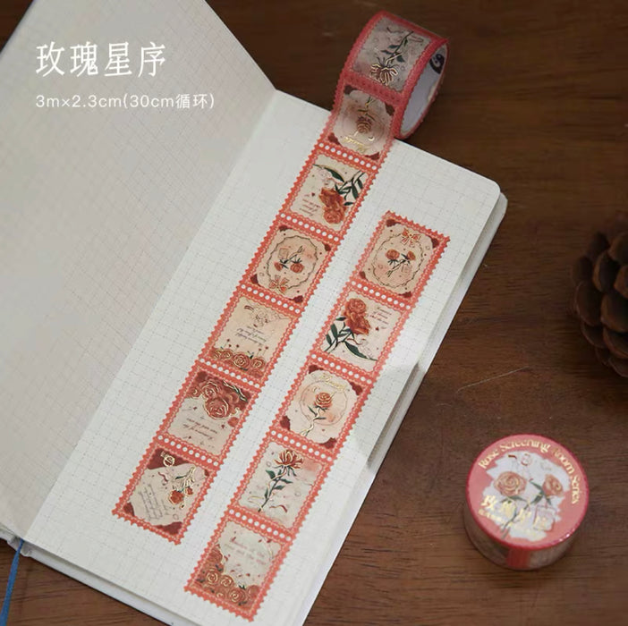 MR.PAPER Rose Screening Room Series Gilded Decorative Stamp-shape Tape玫瑰放映厅复古烫金邮票胶带 玫瑰星序