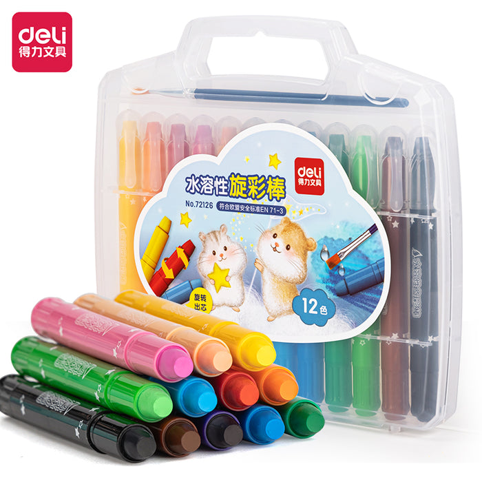 DELI No.72126 Water Soluble Color Sticks - 12 Colors 得力72126盒装水溶性旋彩棒 12色