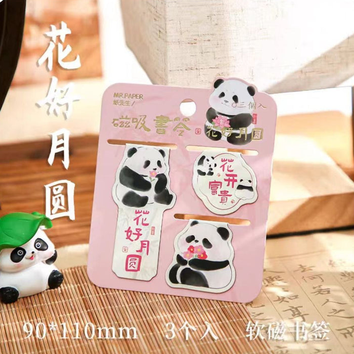 Chinese Style Cute Panda Magnetic Bookmarks中国风熊猫可爱书签 花好月圆-磁吸书签3个装