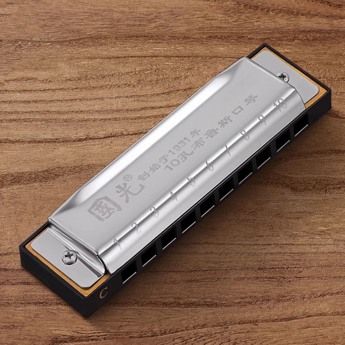 GUOGUANG 10-Hole Blues Harmonica Silver国光10孔布鲁斯口琴 银色