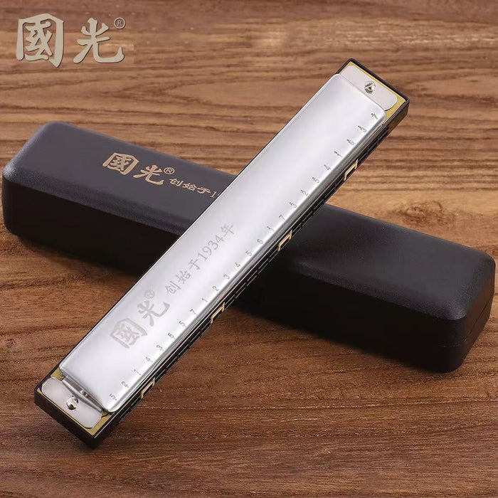 GUOGUANG 24-hole C Key Tremolo Harmonica‌ - Silver 国光24孔复音c调口琴银色
