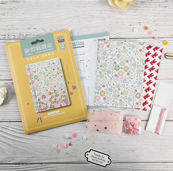 PAPUS Thread-bound Notebook DIY Pack 梦幻手工传统线装本diy手账本日记本格子本 粉碎花