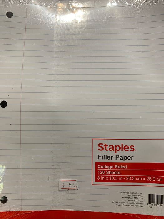 STAPLES College Ruled Filler Paper, 8” x 10.5”, 120 Sheets/Pack
