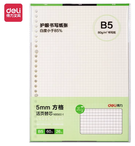 DELI NB560-1 Loose Leaf Notebook Refill - B5 5mm Square 60pcs 得力活页本替芯 B5 5mm方格 60页