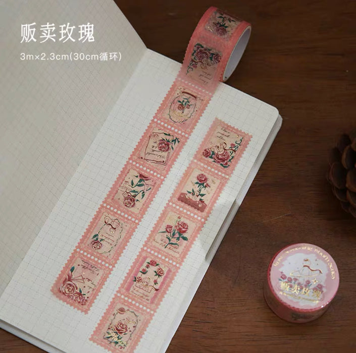 MR.PAPER Rose Screening Room Series Gilded Decorative Stamp-shape Tape玫瑰放映厅复古烫金邮票胶带 贩卖玫瑰