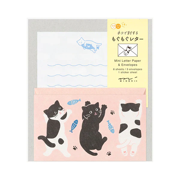 Midori Mini Letter Set With Stickers - Hungry Cat 日本Midori迷你信笺贴纸套装 - 贪吃小猫款