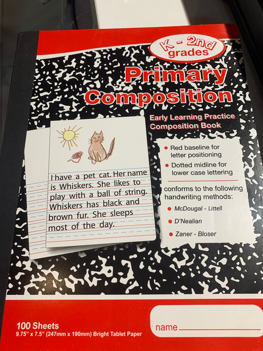 Primary Composition Notebook, 7.5” x 9.75”, Primary Ruled, 100 Sheets, Marble Cover