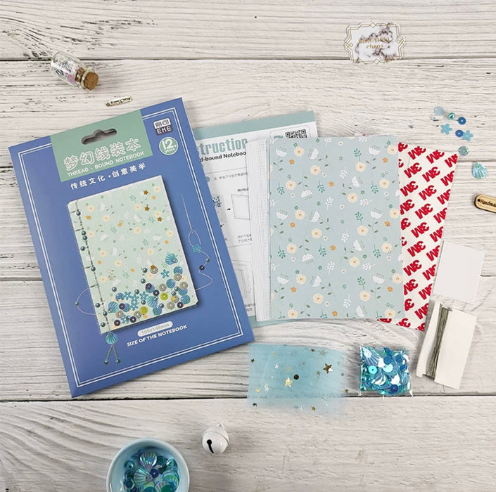 PAPUS Thread-bound Notebook DIY Pack 梦幻手工传统线装本diy手账本日记本格子本 蓝碎花
