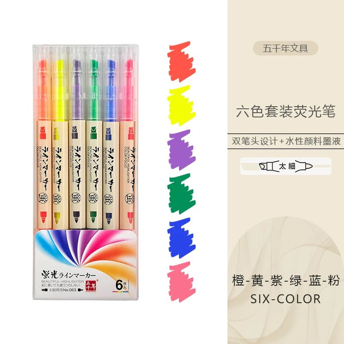 WQN Double-Sided Highlighters 6Colors 五千年双头荧光笔 6支装
