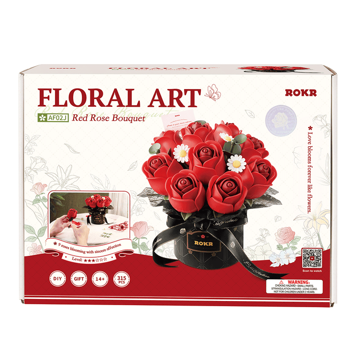 ROKR Red Rose Bouquet DIY 3D Puzzle AF02J 若客花间集装饰拼装DIY积木花 玫瑰抱抱桶