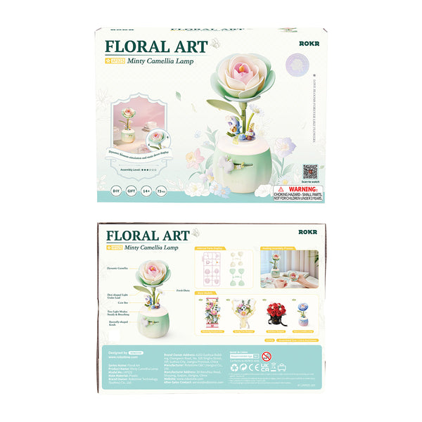 ROKR Minty Camellia Lamp DIY 3D Flower Night Light AF02S 若客花间集装饰拼装DIY积木花 森屿山茶香薰灯