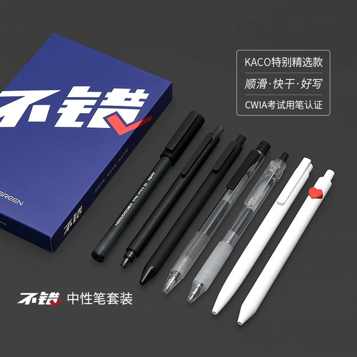 KACO GEL INK PEN SET 6pcs 不错炫黑套装中性笔0.5黑6支套装  学生刷题笔黑笔书写笔记文具签字速干