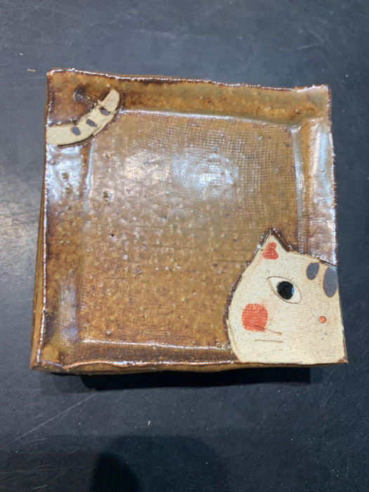 handmade japanese cat mini dish brown ceramic small plate