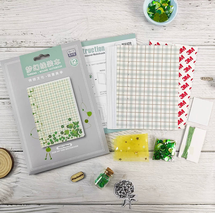 PAPUS Thread-bound Notebook DIY Pack 梦幻手工传统线装本diy手账本日记本格子本 绿格纹