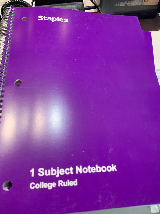 Staples 1-Subject Notebook 8 x 10.5 College Ruled Purple