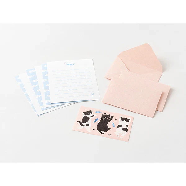 Midori Mini Letter Set With Stickers - Hungry Cat 日本Midori迷你信笺贴纸套装 - 贪吃小猫款
