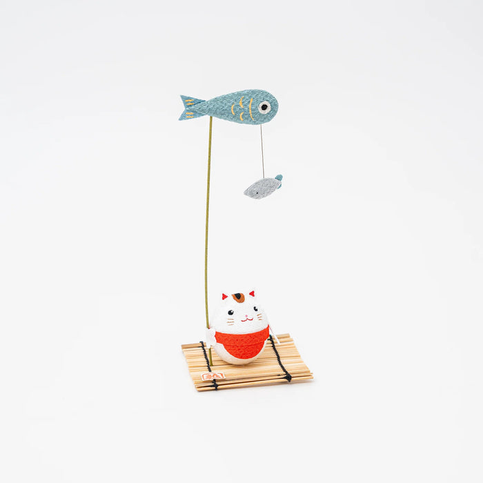 Handmade Cute Cat Fishing Figurine日本龙虎堂手工制作萌猫钓鱼摆件