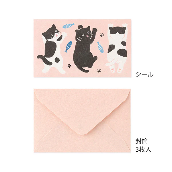 Midori Mini Letter Set With Stickers - Hungry Cat 日本Midori迷你信笺贴纸套装 - 贪吃小猫款