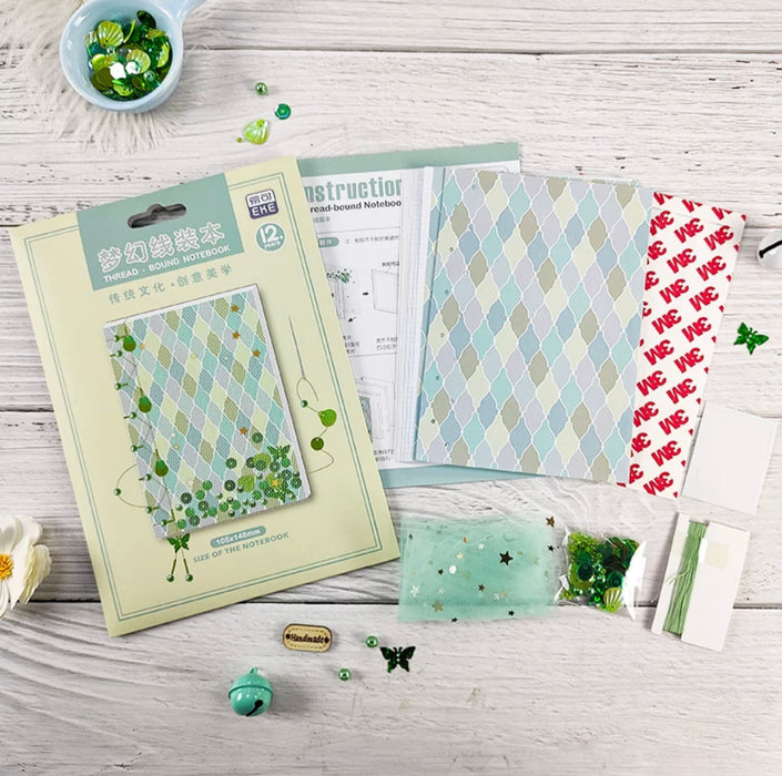 PAPUS Thread-bound Notebook DIY Pack 梦幻手工传统线装本diy手账本日记本格子本 绿菱形