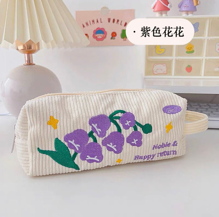 BENZSTORE Embroidered Pen Bag 本字时多 米白条绒刺绣笔袋 可爱图案文艺小清新刺绣笔袋 白色INS风收纳包