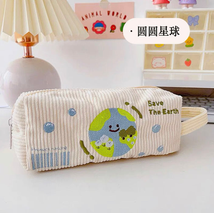 BENZSTORE Embroidered Pen Bag 本字时多 米白条绒刺绣笔袋 可爱图案文艺小清新刺绣笔袋 白色INS风收纳包