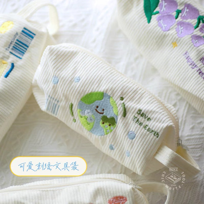 BENZSTORE Embroidered Pen Bag 本字时多 米白条绒刺绣笔袋 可爱图案文艺小清新刺绣笔袋 白色INS风收纳包