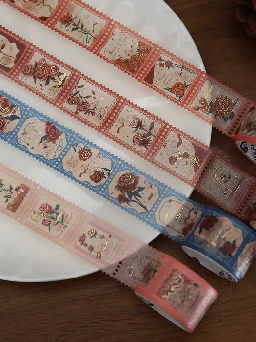 MR.PAPER Rose Screening Room Series Gilded Decorative Stamp-shape Tape玫瑰放映厅复古烫金邮票胶带 玫瑰星序半岛玫瑰