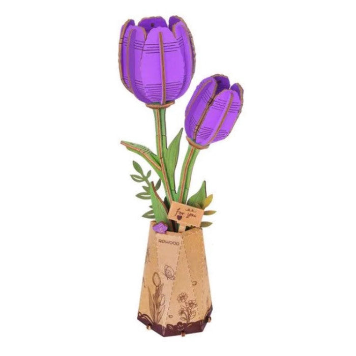 Rowood DIY Flower Purple Tulip 3D Wooden Puzzle TW083 若物木艺繁花拼图立体3D模型 紫郁金香