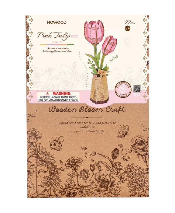 Rowood DIY Flower Pink Tulip 3D Wooden Puzzle TW082 若物木艺繁花拼图立体3D模型 粉色郁金香