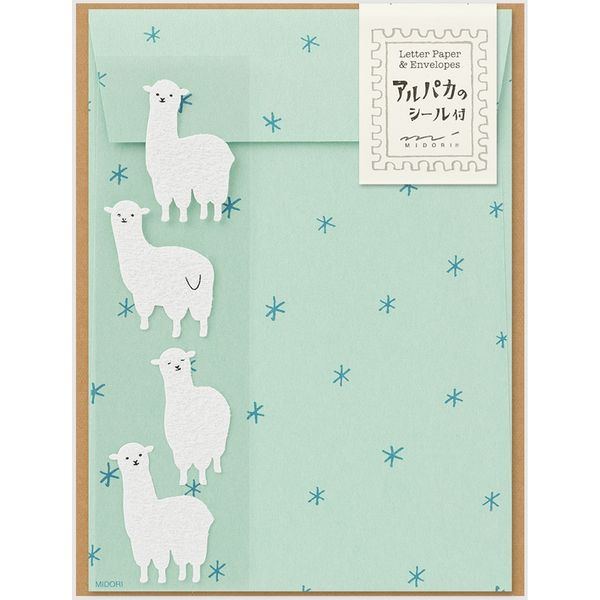 MIDORI Design Fill Letter Set with Seal Stickers - Alpaca 日本MIDORI信封信纸贴纸套装 羊驼图案