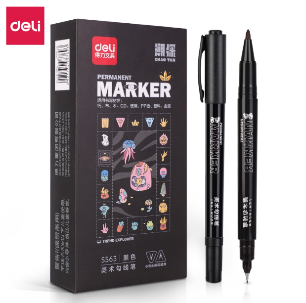 DELI S563 Two-Headed Permanent Marker - Black 得力S563双头美术勾线笔