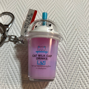 入油亚克力钥匙扣猫咪珍珠奶茶杯粉色