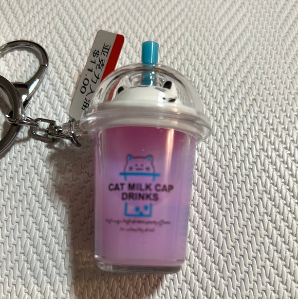 入油亚克力钥匙扣猫咪珍珠奶茶杯粉色