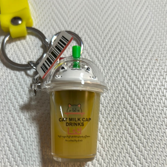 入油亚克力钥匙扣猫咪珍珠奶茶杯黄色