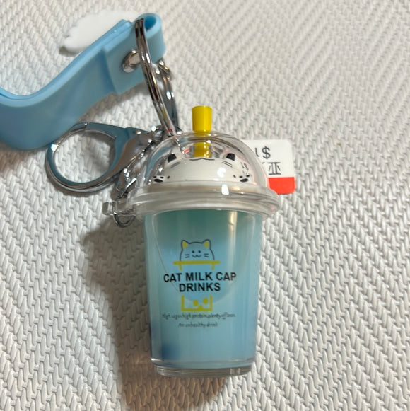 入油亚克力钥匙扣猫咪珍珠奶茶杯蓝色
