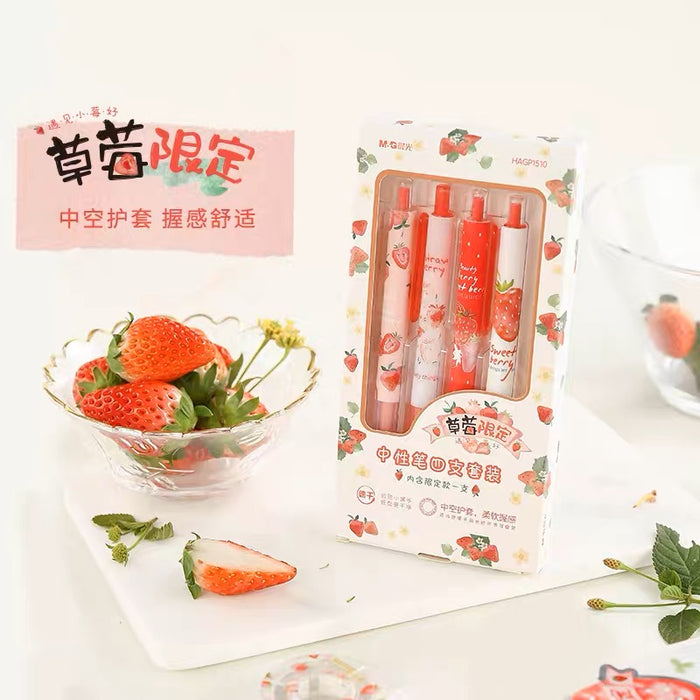 M&G Strawberry Limited Gel Ink Pen 4Pcs Pack - 0.5mm Black Ink 晨光草莓限定4支速干中性笔套装0.5mm黑色
