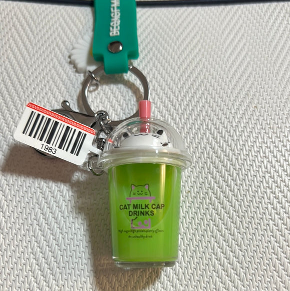 入油亚克力钥匙扣猫咪珍珠奶茶杯绿色