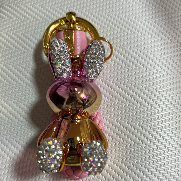 电镀镶钻钥匙扣花花兔粉色