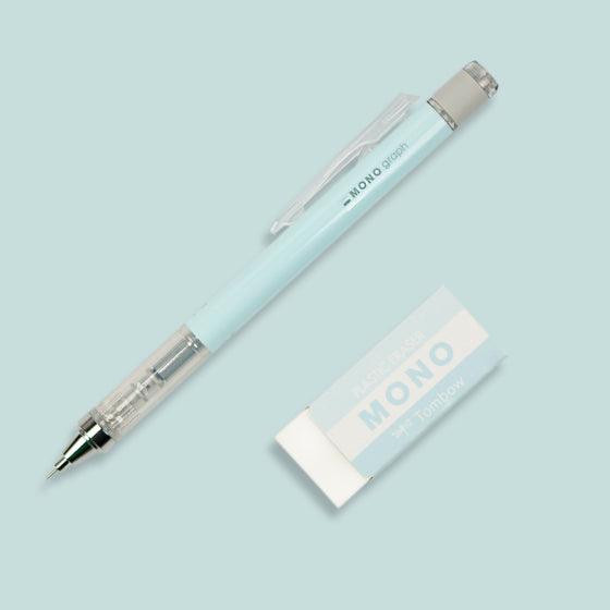 TOMBOW MONO GRAPH MECHANICAL PENCIL + ERASER SET - ICE BLUE日本蜻蜓绘图自动铅笔+橡皮套装 冰蓝色