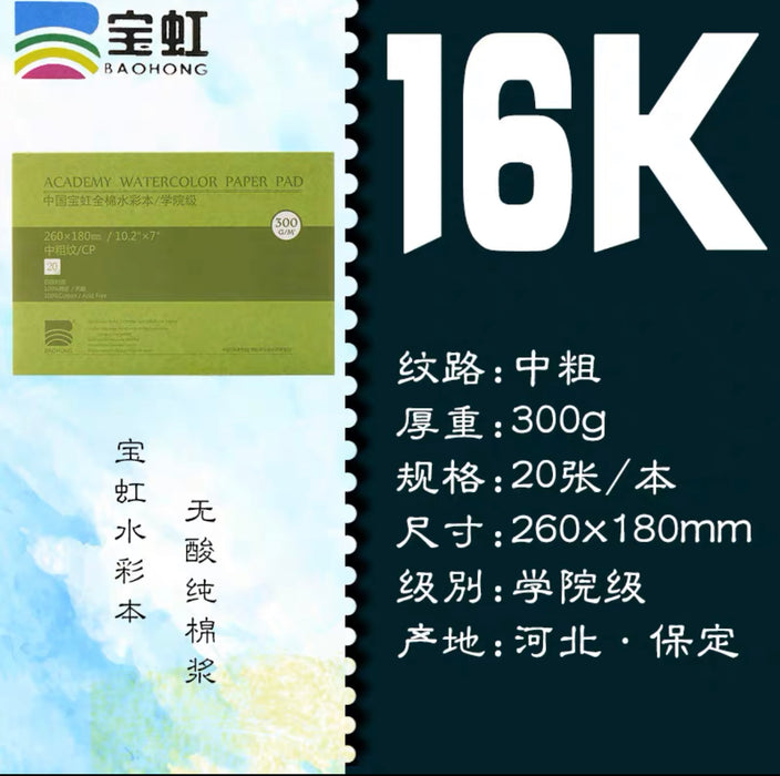 BAOHONG Acadamy Watercolor Paper Pad 宝虹学院级水彩本300g 16K 中粗纹 20页
