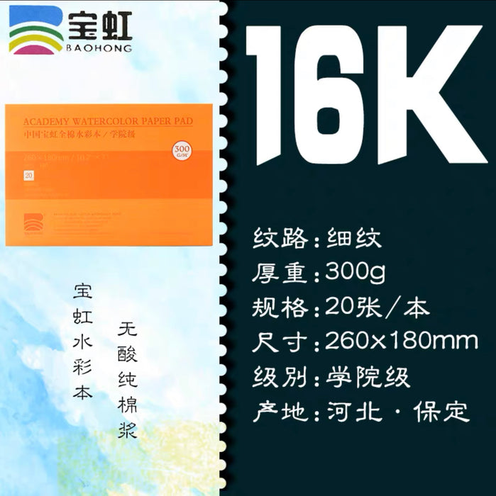 BAOHONG Acadamy Watercolor Paper Pad 宝虹学院级水彩本300g 16K 细纹 20页