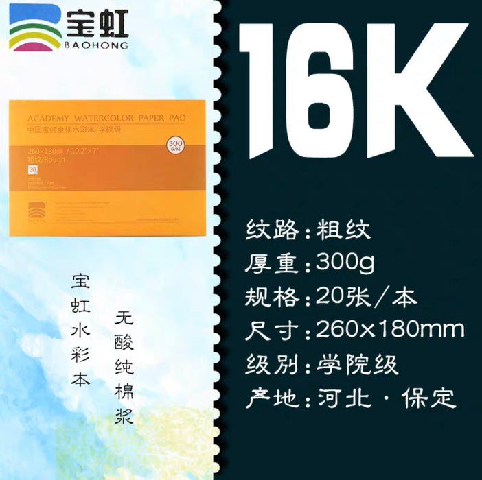 BAOHONG Acadamy Watercolor Paper Pad 宝虹学院级水彩本300g 16K 粗纹 20页